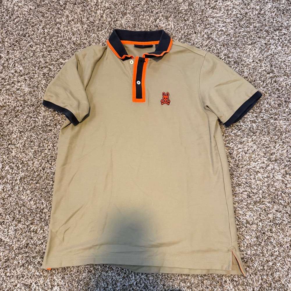 Psycho Bunny Tan Polo with Orange and Black Trim